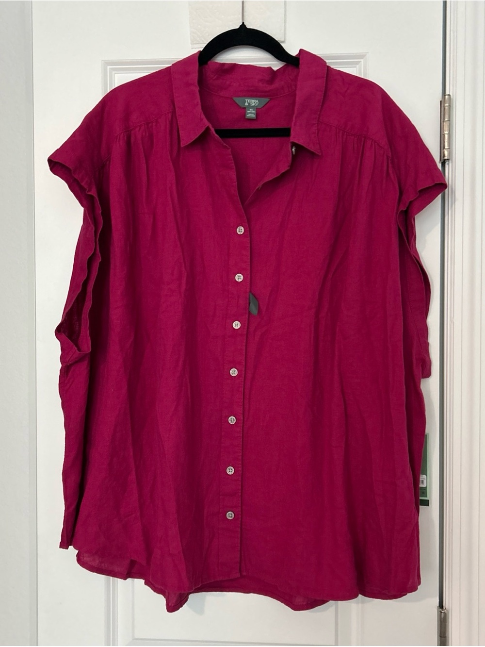 Terra & Sky Women's Plus Linen Blend Camp Shirt, Size 4x Pink/Dark Azalea